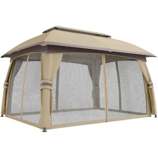 English Elm Large Vented Two-tier Patio Gazebo with Mesh Netting Steel Frame Backyard Shelter Beige T3971P425969