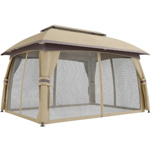 English Elm Large Vented Two-tier Patio Gazebo with Mesh Netting Steel Frame Backyard Shelter Beige T3971P425969
