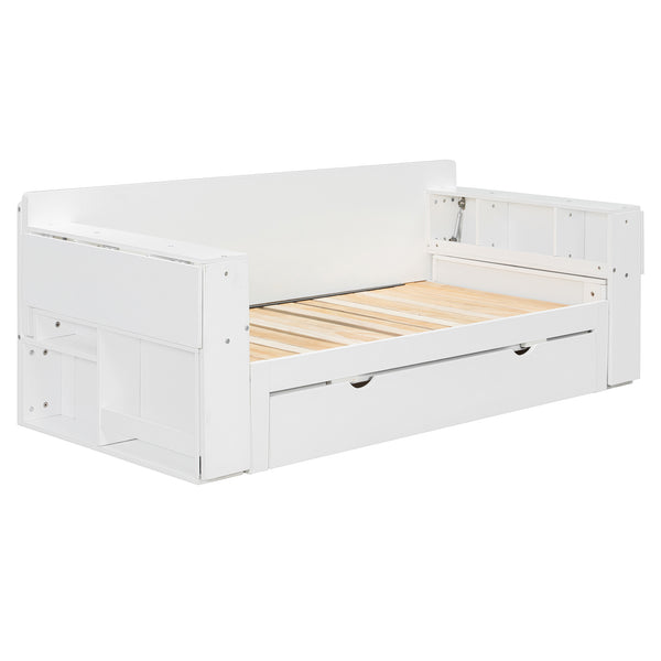 English Elm Full Size Daybed with Hydraulic Desk Armrests Storage Drawer and Sofa Seating White LT000271AAK