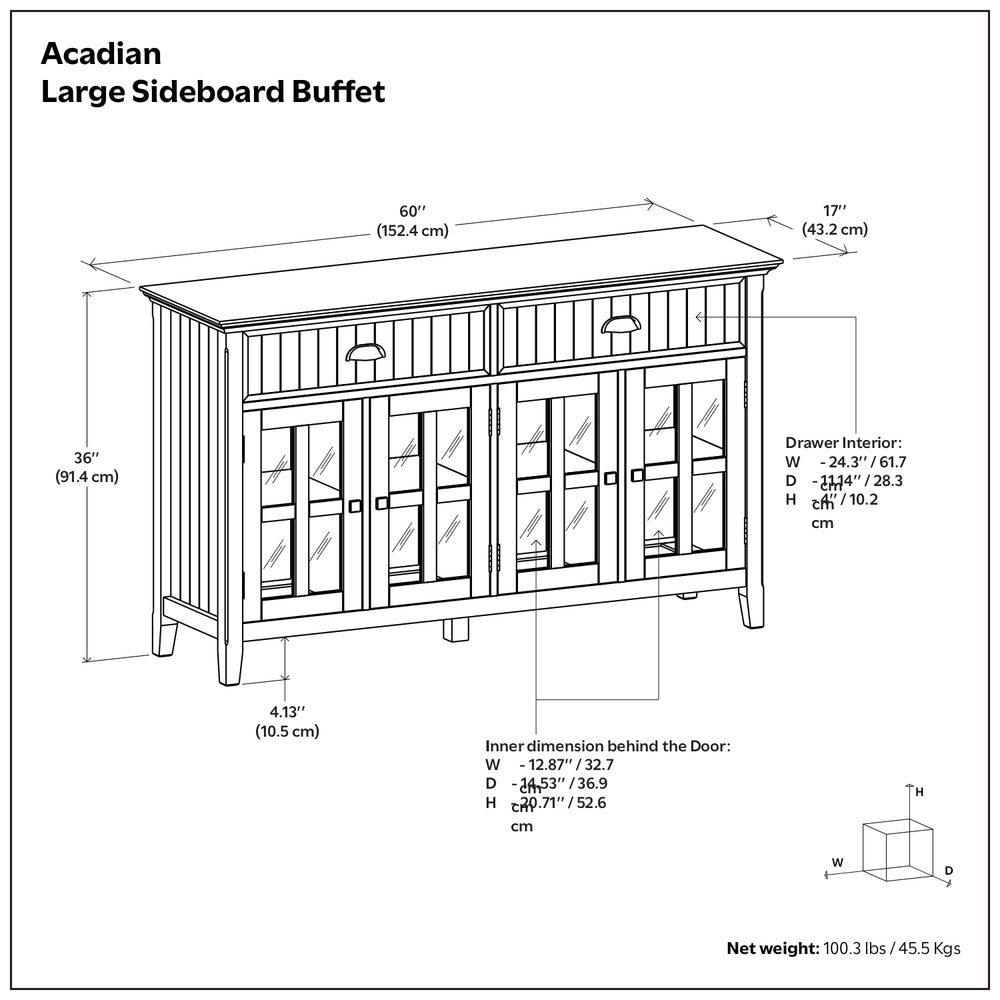 English Elm Acadian Solid Wood Buffet Sideboard with Glass Doors and Brushed Nickel Hardware B136P439016