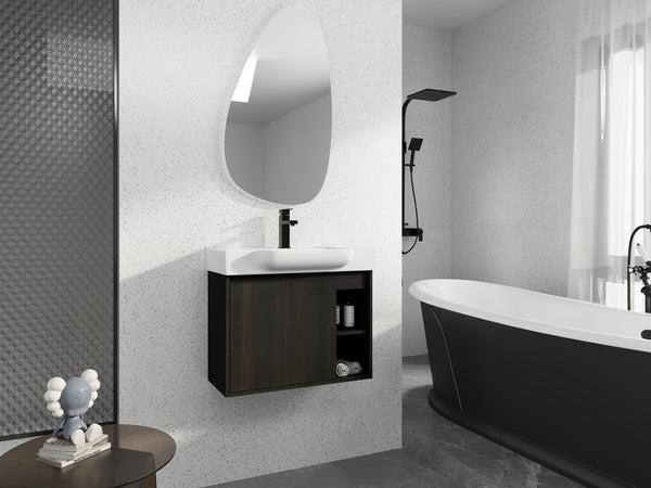 English Elm 28'' Floating Bathroom Vanity with Ceramic Sink Soft Close Door Melamine Cabinet Dark Oak W999P426640