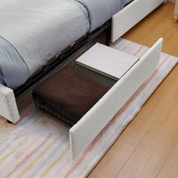 English Elm Full Size Kids Storage Bed Boucle Upholstered Rabbit Ear Headboard with Led Lighting Beige W1413P384924