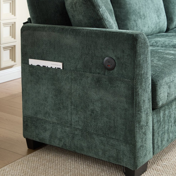English Elm Modern Chenille L-shaped Sectional with Usb Charging Ottoman Storage Living Room Couch Green W2120S00017