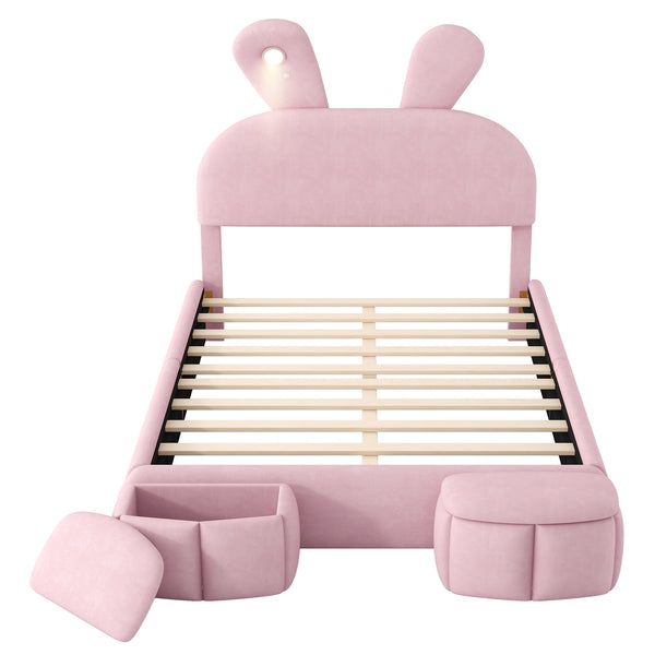 English Elm Full Pink Velvet Platform Bed Cartoon Ear Headboard Led Light Storage Stools N709P195300H-1