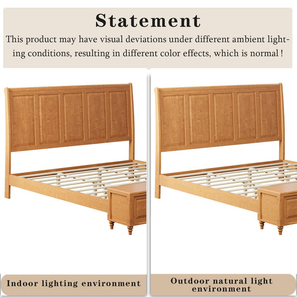 English Elm Queen Sleigh Bed Solid Rubberwood Walnut Finish Curved Headboard Footboard Storage Bench Natural W1716S00037