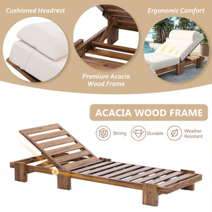 English Elm U_style Acacia Wood Outdoor Chaise Lounge with Retractable Tray and Padded Headrest Beige WY000473AAA