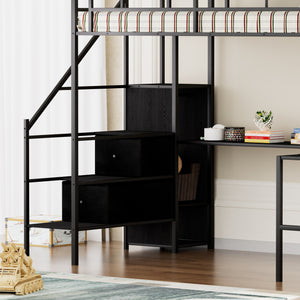 English Elm Full Metal Loft Bed with L-Shaped Desk, RGB LED Lights, Charging Cradle, Wardrobe & Drawers Black W1162S00014