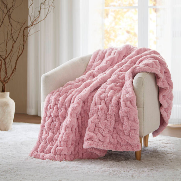 JLA Home Madison Park - Faux Ruched Faux Fur Throw with Reversible Faux Mink Backing, OEKO-TEX Certified, Machine Washable Luxury Pink MP50-8803