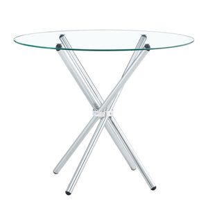 English Elm A Round Tempered Glass Dining Table with Sculptural Black Metal Legs for Modern Spaces W1151P411357