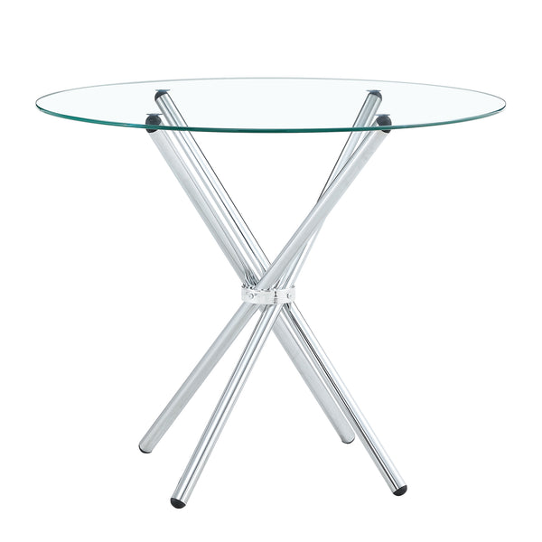 English Elm A Round Tempered Glass Dining Table with Sculptural Black Metal Legs for Modern Spaces W1151P411357