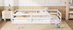 English Elm Twin Montessori Pine Floor Bed with Full Fence Rails for Kids Cozy Bedroom W1820P398987