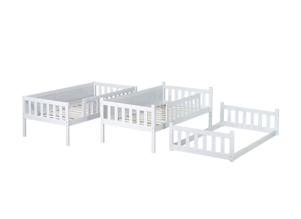 English Elm Twin Triple Rubberwood Bunk Bed with Ladders & Guardrails, Space-Saving Modular Design for Families White W504S00171