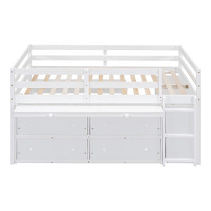 English Elm Full Size Kids Loft Bed Pinewood Frame Dual Study Desks Drawers and Open Shelving White LT000369AAK