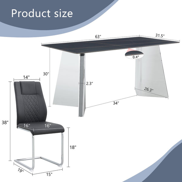 English Elm Table 5-Piece Set: Elegant Black Marble-Patterned Top With Stylish Stainless Steel Legs & Pu Chairs W1151S01959-GIGA