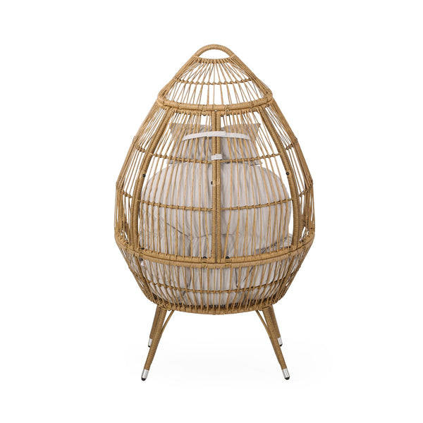 English Elm Christopher Knight Home® - SERINA Teardrop Wicker Outdoor Chair with Water-Resistant Beige Cushion, Light Brown Faux Rattan, Sturdy Iron Frame 69367.00LBRN