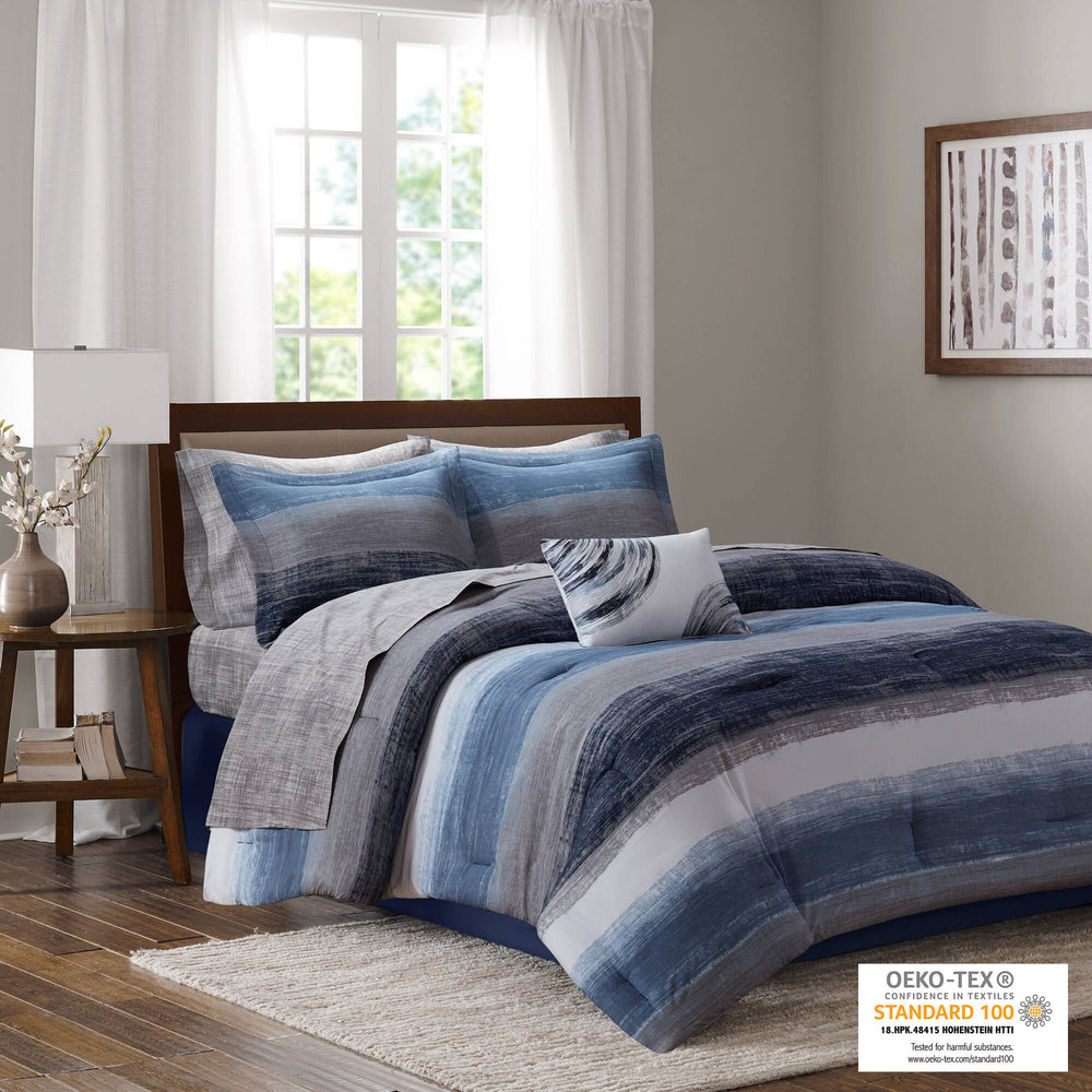 English Elm 7-piece Twin Watercolor Stripe Comforter Set with Cotton Blend Sheets Bedroom Navy Multi B035P408254