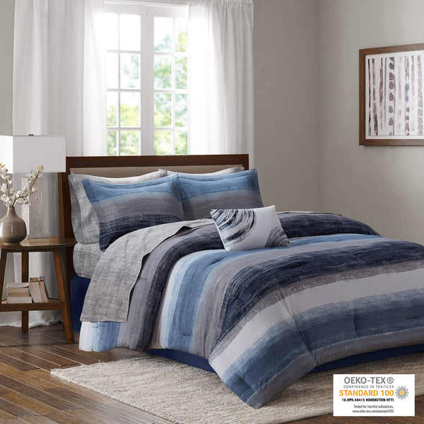 English Elm 7-piece Twin Watercolor Stripe Comforter Set with Cotton Blend Sheets Bedroom Navy Multi B035P408254
