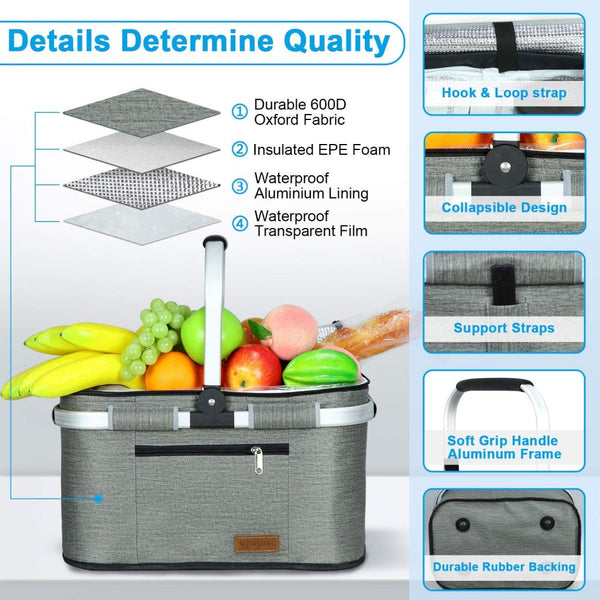 English Elm 35l Insulated Picnic Basket with Aluminum Frame Collapsible Waterproof Cooler Tote W2181P483966