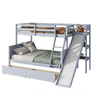 English Elm Twin Over Full Bunk Bed With Slide, Drawers & Shelves – Durable Rubberwood Design In Grey Finish W504S00204-GIGA