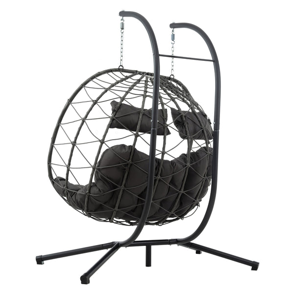 English Elm 2 Person Wicker Hanging Egg Chair with Freestanding Stand Outdoor Patio Swing Seat Gray W1703P444363