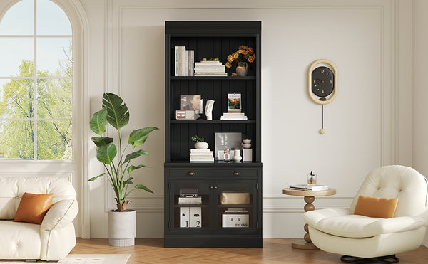 English Elm 83.4"Tall Modern Bookcase With Glass Doors & Drawer - Stylish Storage For Living Room & Office Decor N751S323419B