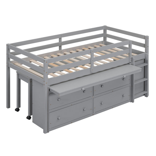 English Elm Twin Loft Bed Pinewood Frame Four Drawers Retractable Study Desk Kids Bedroom Gray LT000368AAE