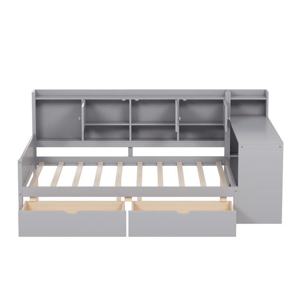 English Elm Full Size L-shaped Daybed with Built-in Desk Bookshelf and Storage for Small Spaces N733S351674E