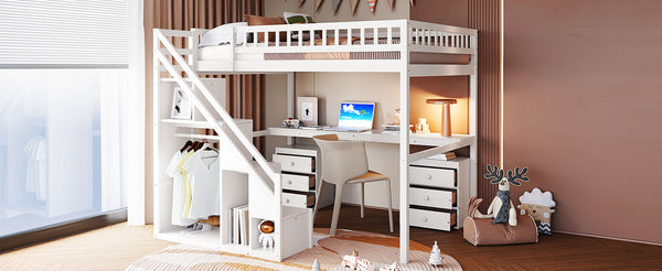 English Elm Full Size Loft Bed with Desk Drawers Led Strip and Staircase for Teen Rooms White LT000258AAK-1