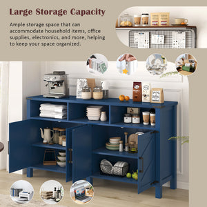 English Elm U_style 59 Inch Sideboard Buffet with Built in Power Outlets Open Cubbies Metal Accents Navy Blue N711P347407V
