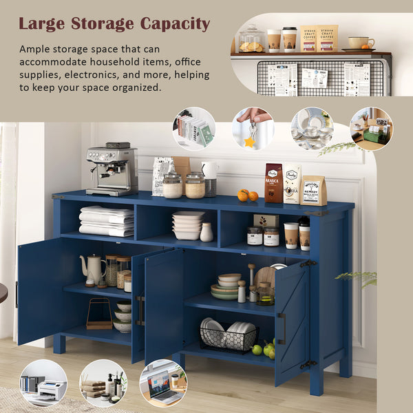 English Elm U_style 59 Inch Sideboard Buffet with Built in Power Outlets Open Cubbies Metal Accents Navy Blue N711P347407V