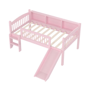 English Elm Twin Low Loft Bed Solid Pine Frame with Built-in Led Lighting and Storage Shelves Pink W1580P395929