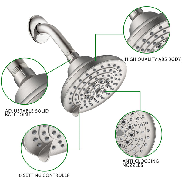 English Elm 6 High-Pressure Shower Head 5" Rain Fixed Ceiling-Mount with 6 Spray Modes, Anti-Clog Nozzles, Easy Install, Low-Flow Performance Brushed Nickel T3177P277454