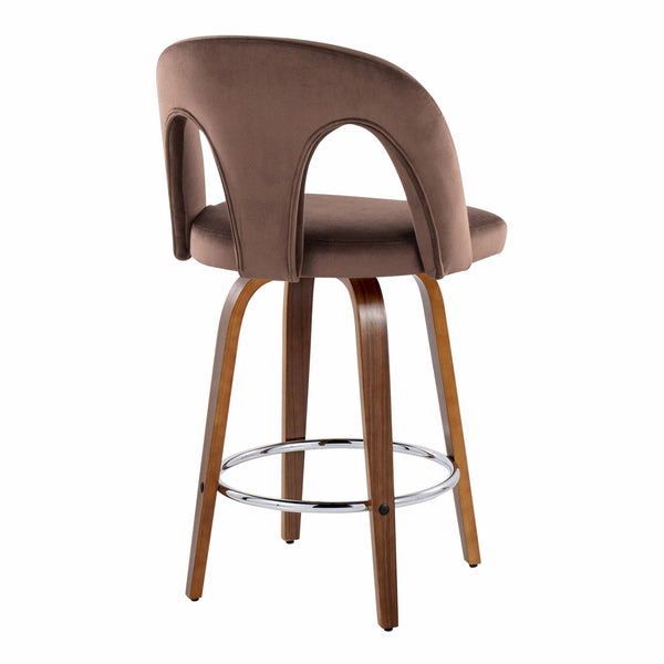 English Elm Fixed-height Swivel Counterstools Walnut Legs Espresso Velvet Chrome Footrest Pair B202S01795