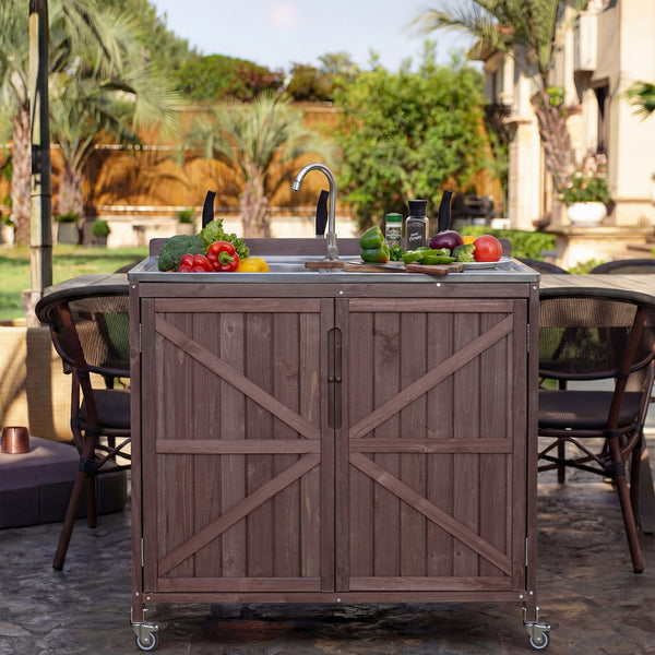 English Elm K&k Outdoor Prep Station Stainless Steel Top Fir Wood Cabinet with Drawer and Wheels N707P370281Z