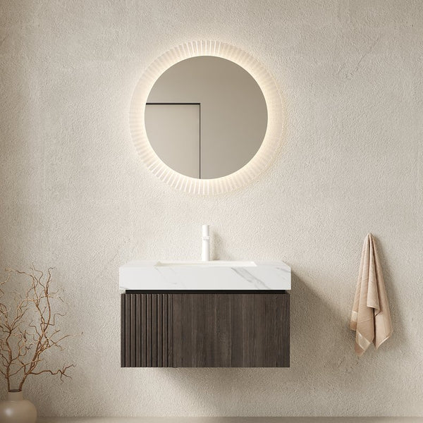 English Elm Muri Floating Bathroom Vanity Plywood Cabinet Sintered Stone Top Espresso Woodgrain W2615S00457
