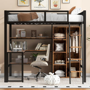 English Elm Full Full Size Metal Loft Bed with Built-In Desk, Wardrobe & Shelves in Black — Space-Saving, Sturdy Design (Fits 6" Mattress) GX001134AAB