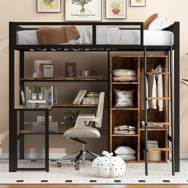 English Elm Full Full Size Metal Loft Bed with Built-In Desk, Wardrobe & Shelves in Black — Space-Saving, Sturdy Design (Fits 6" Mattress) GX001134AAB