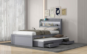 English Elm Twin XL Platform Bed with LED Headboard, Built-In Charging Station, Trundle & 2 Drawers for Space-Saving Bedrooms Gray GX001829AAE