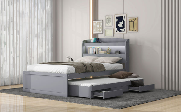 English Elm Twin XL Platform Bed with LED Headboard, Built-In Charging Station, Trundle & 2 Drawers for Space-Saving Bedrooms Gray GX001829AAE