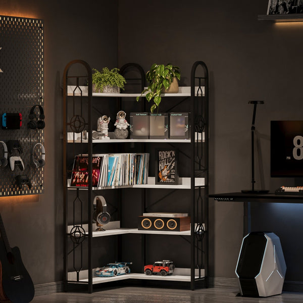 English Elm 5 Tier Corner Bookshelf - Modern 5-Shelf Open Bookcase, Anti-Tilt Steel Frame, Adjustable Feet, Versatile Storage Rack for Living Room Bedroom Office W3062P289212