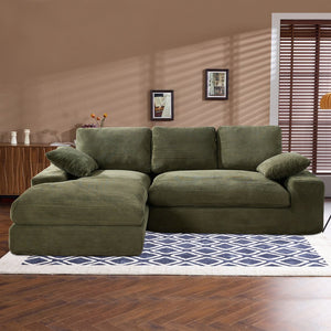 English Elm Green corduroy compressed sofa with 3 back cushions & 2 throw pillows — soft, resilient, space-saving comfort W3612S00016
