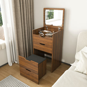 English Elm 3-in-1 Walnut Flip Top Vanity Desk with Led Mirror Stool Bedroom Dressing Table W2699P404631