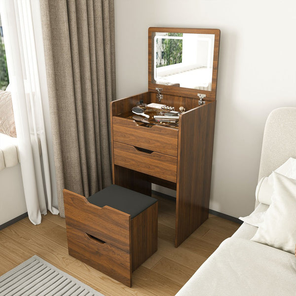 English Elm 3-in-1 Walnut Flip Top Vanity Desk with Led Mirror Stool Bedroom Dressing Table W2699P404631