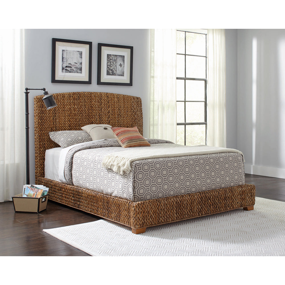 English Elm Holden Rustic Eastern King Bed In Warm Amber With Handcrafted Banana-Leaf Weave For Coastal Charm B062S01091