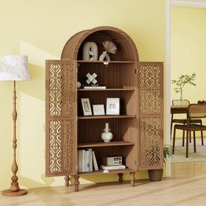 English Elm 70.28" Tall Walnut Pantry Cabinet Lattice Carved Doors Adjustable Shelves Two Drawers W688P303382