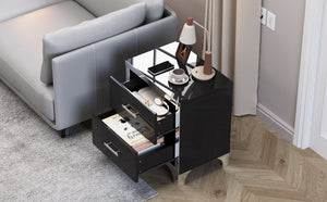 English Elm High Gloss Mirrored 2 Drawer Nightstand Slim Metal Legs Modern Bedroom Side Table Black W5271P416537