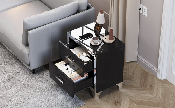 English Elm High Gloss Mirrored 2 Drawer Nightstand Slim Metal Legs Modern Bedroom Side Table Black W5271P416537