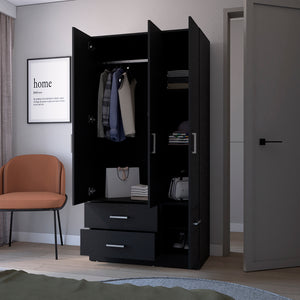English Elm Four Door Armoire Crosby Black - Spacious Engineered Wood Wardrobe with Rod, Shelves & Drawers, Durable Design B092S00264