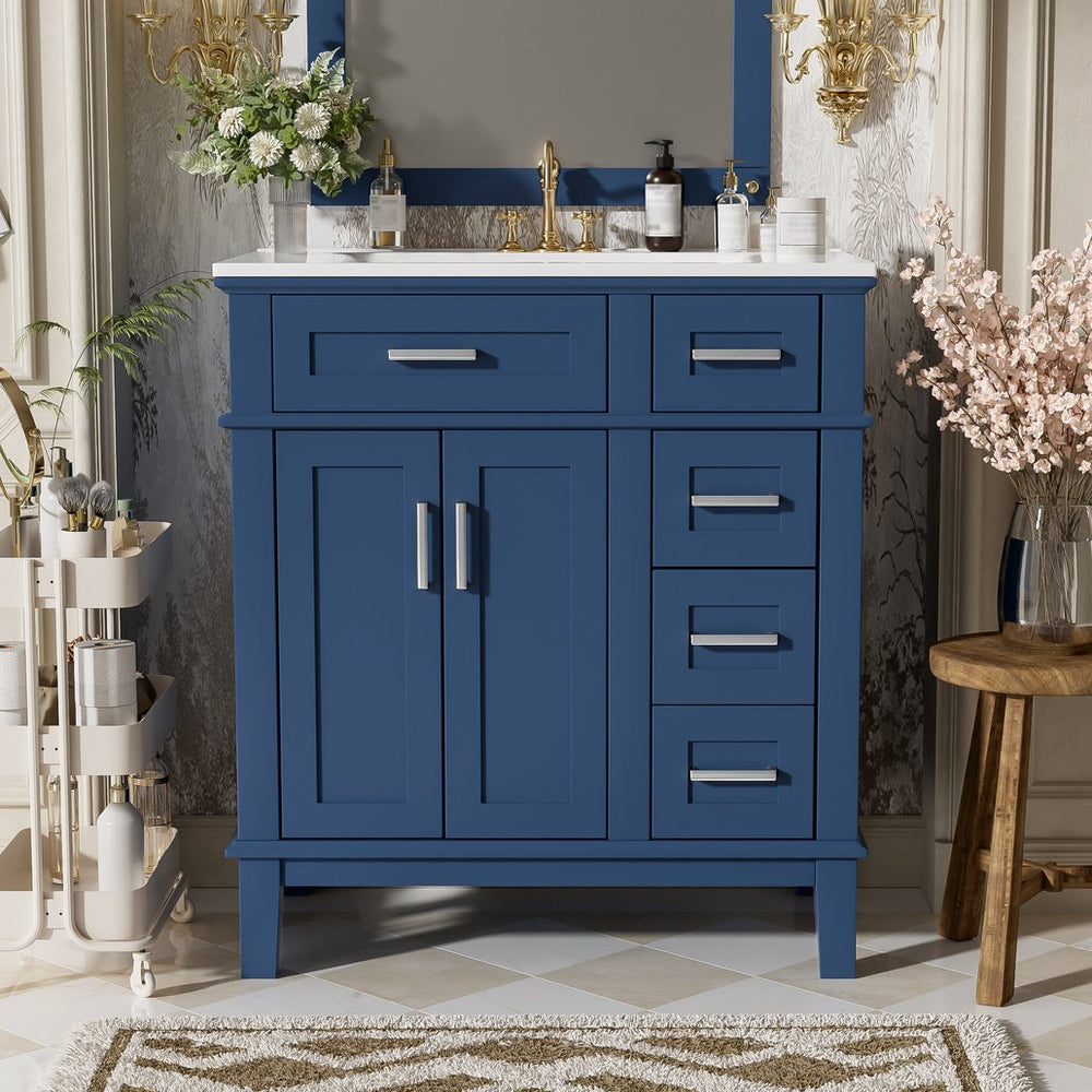 English Elm 30" Freestanding Bathroom Vanity Ceramic Sink Soft Close Cabinet Gray Wood Frame Blue N729P427118C