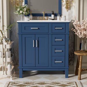 English Elm 30" Freestanding Bathroom Vanity Ceramic Sink Soft Close Cabinet Gray Wood Frame Blue N729P427118C